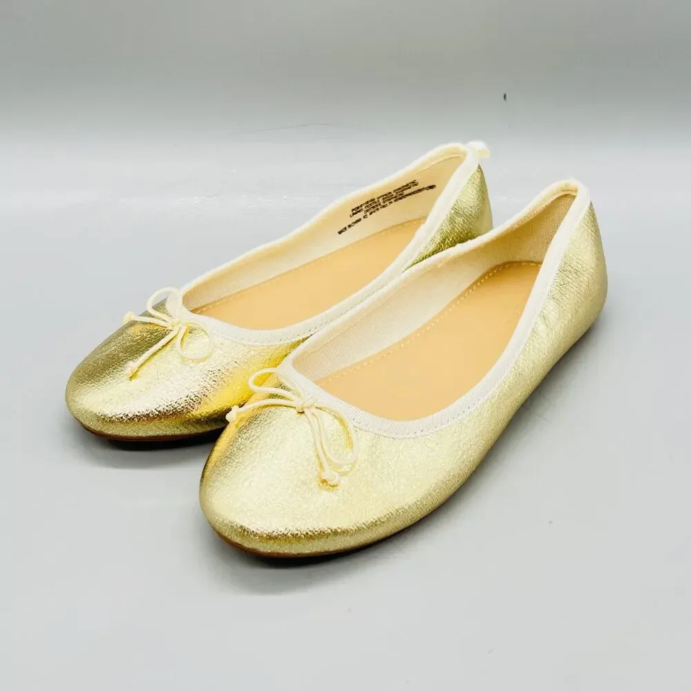 J Crew Shoes Girls 2 Gold Metallic Ballet Flats Bow Slip On Dress Casual Party